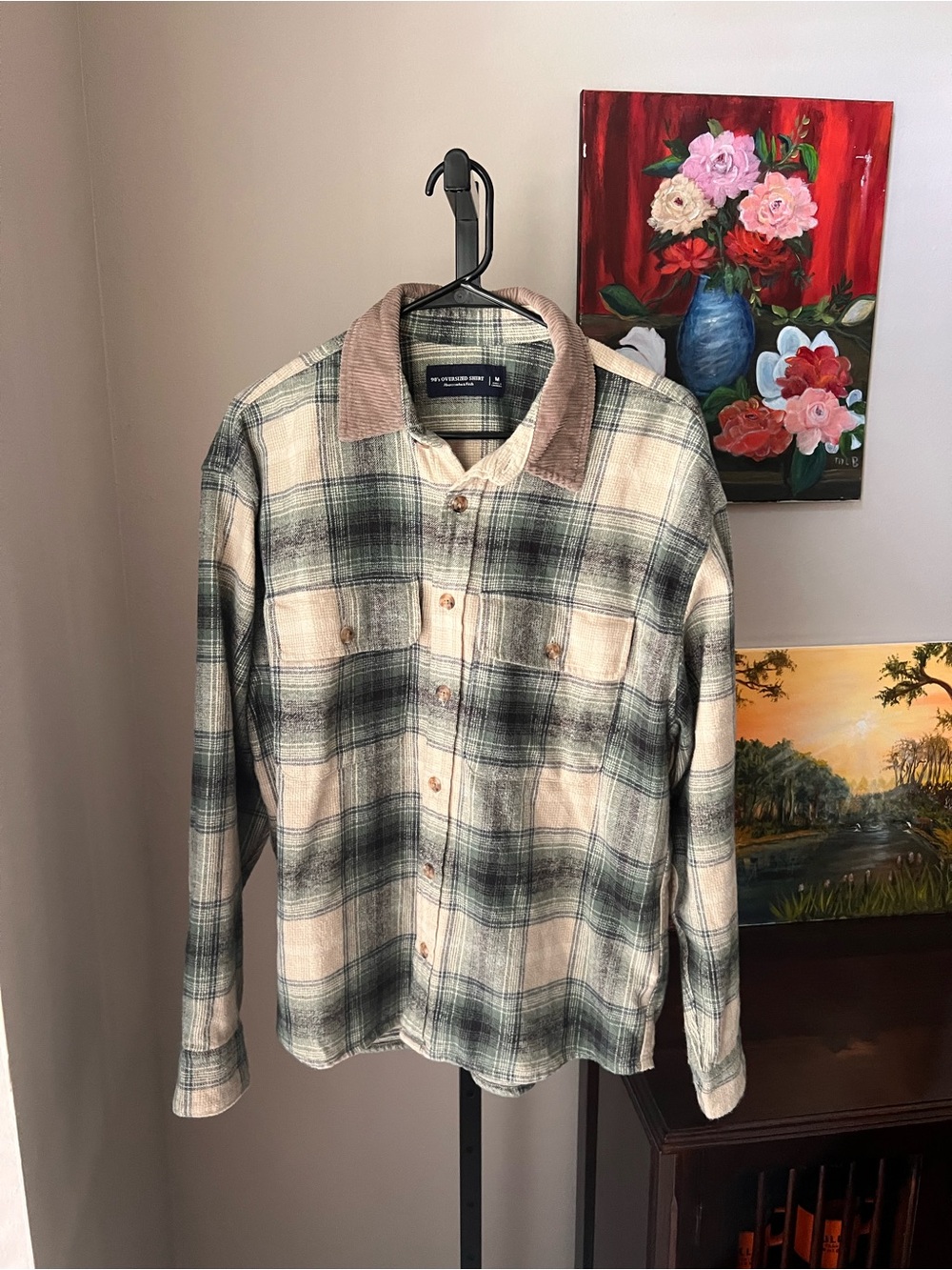 Abercrombie 90s Plaid Button-Up Shacket with Corduroy Collar - Cream & Green